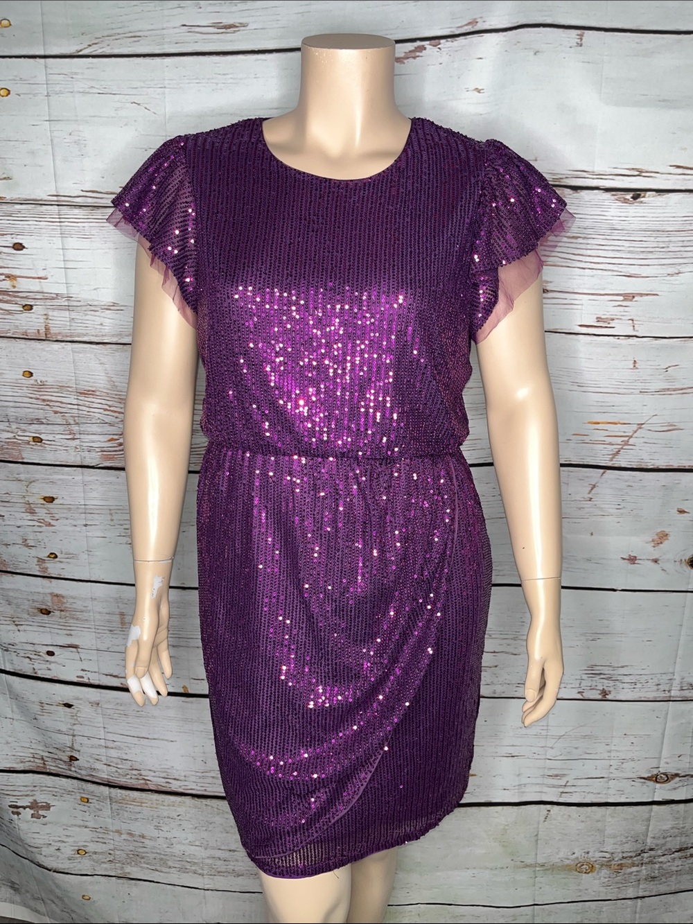 Grace Karin NWT Size XL Purple Sparkly Sequin Flutter Sleeve Party Dress